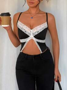 Chiquease 女士性感对比色蕾丝开摆吊带背心 - 黑色 - 查看 6