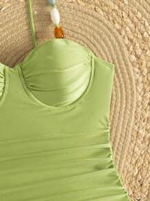 SHEIN Swim 纯色细肩带串珠装饰高开叉连体泳衣，随机颜色海滩波西米亚风节日女士夏季春假装 - 綠色 - 查看 3