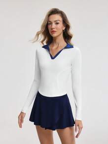 Gameset SHEIN Sport 女士休闲纯色长袖运动 Polo 衫，简约时尚，适合日常穿着 - 白色 - 查看 5