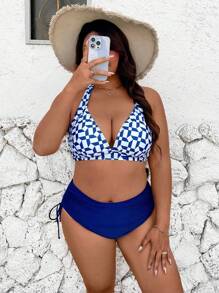 SHEIN Swim Curve Plus Size 2 Pieces Blue & White Printed Ruffled V-Neck Halter Bikini Top With Blue Linen Side Drawstring High Waist Bottoms, Sexy & Slimming Beach Party Swimwear For Women For Summer Beach Vacation - Multicolor - View 6