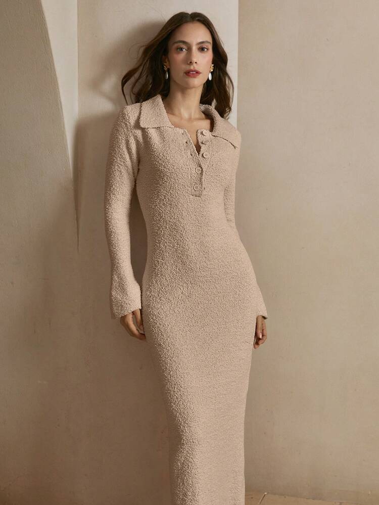 Women's Solid Color Polo Neck Long Sleeve Elegant Knit Extra Long Sweater Dress, Autumn/Winter