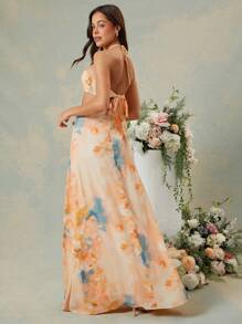L'Amorae Women's Floral Formal Halter Maxi Dress: Romantic Spring Wedding Guest Gown - Multicolor - View 2