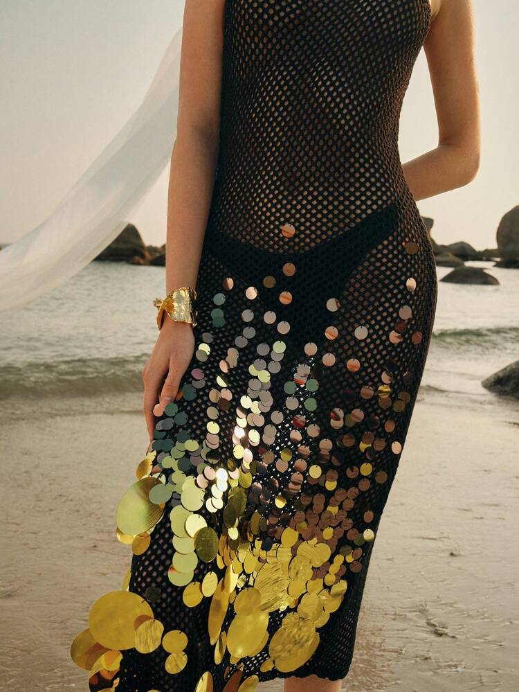 Colorblock Handmade Sequin Embellished Dreamlike Slip Dress For Women, Suitable For Summer, Beach, Vacation, Elegant, Casual, Spring Break Outfits, Festival