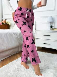 RueChic Women Viscose High Quality All Over Contrast Colour Butterfly With Ribbon Detail Homewear Lounge Bottom - Pink - View 4