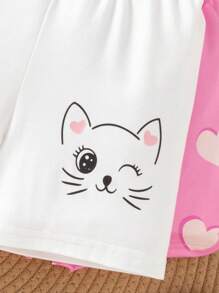 SHEIN 4pcs Young Girls Elastic Waist Cat & Heart Graphic Print Knitted Stretch Shorts, Comfortable And Fashionable Leggings Summer Holiday