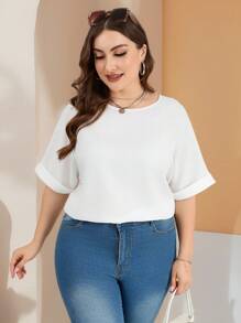 SHEIN Essnce 大码女式春夏时尚休闲宽松舒适凉爽日常基本款白色短袖套头衫上衣、工作上衣、女士夏季服装、办公室服装、老款女装、曲线上衣 - 白色 - 查看 5