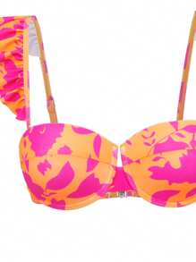 Swim Oasis 3pcs/Set Bikini Wanita Motif Bunga Pink dan Oranye dengan Tali Ruffle dan Rok Maxi Jala, Cocok untuk Liburan Pantai Kasual Musim Panas - MultiWarna - View 5