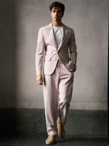 HIMLAND Bộ đồ vest kẻ sọc ôm vừa vặn cho nam, phù hợp cho mùa thu - Bụi hồng - Xem 3