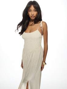 MISSGUIDED 褶皱紧身长裙，无袖，夏季婚礼宾客海滩度假装，飘逸高腰长款喇叭裙，带口袋，优雅