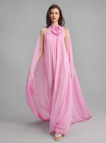 Ontre 2026春夏新款女装连衣裙，3D立体花卉设计，雪纺面料，A字裙摆，适合宴会、婚礼宾客穿着，长款连衣裙饰有优雅的3D立体花卉，浪漫优雅的法式风格，适合婚礼、派对、邮轮旅行和度假等场合。 - 粉色 - 查看 5