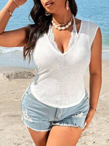 Flirla 大码女式撞色蕾丝修身短袖 T 恤