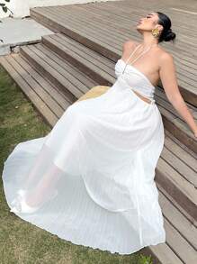 Sunnyshic Plus Size Romantic Vacation Pleated Backless Halter Dress - White - View 5
