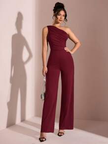 SHEIN BAE Tuta elegante di colore nero unito asimmetrica con spalla scoperta, adatta per appuntamenti quotidiani, uscite serali, discoteche, feste, ritrovi, feste cocktail, feste in piscina, abbigliamento da ufficio, tute da pendolare, tute da vacanza - Bordò - Visualizzare 7