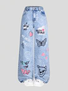 SHEIN Jeans pour jeunes filles de style Y2K avec imprimés de papillons, lettres et cœurs graffités. Pantalon en jean décontracté et à jambe droite ample, pour un port quotidien.