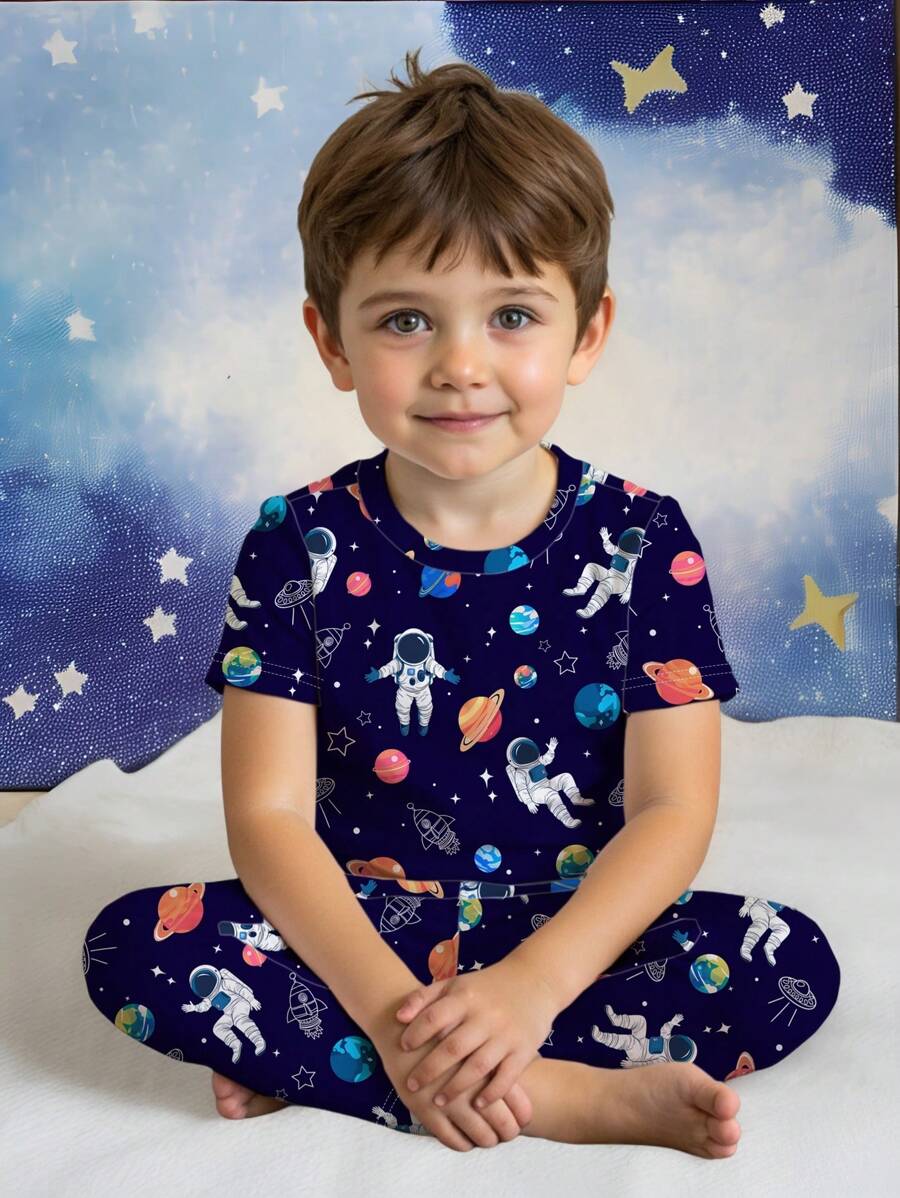 Young Boy Astronaut Cartoon Print Casual Minimalist Snug Fit Short Sleeve Romper, Suitable For All Seasons - Multicolor - View 1