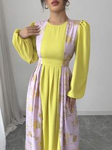 Elenzga Women's Elegant Spring Long Dress With Sleeves, Modest Two-Tone Design, And Metallic Floral Print - Yellow - View 4