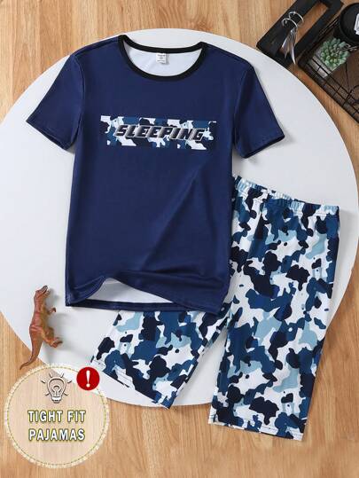2pcs Set Men's Snug Fit Letter Print Slim Fit Short Sleeve Top And Camouflage Shorts, Homewear
