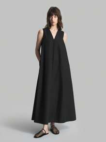 Ontre 2026 New Women's Summer Solid V-Neck Sleeveless Long Loose Dress, Suitable For Casual Urban Elegant Minimalist Wear, Teacher's Day Gathering Party