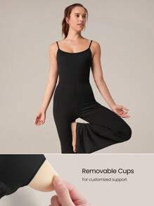 GLOWMODE 30" Modal Flex It Flare-Leg Double Strap Active Jumpsuit Bodysuit With Side Pockets Low Impact Yoga Daily Casual Removable Cups Spring Summer - Black - View 3