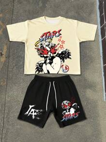 Manfinity EMRG 男士休闲简约短袖 T 恤和短裤套装，日常穿着 - 彩色 - 查看 1