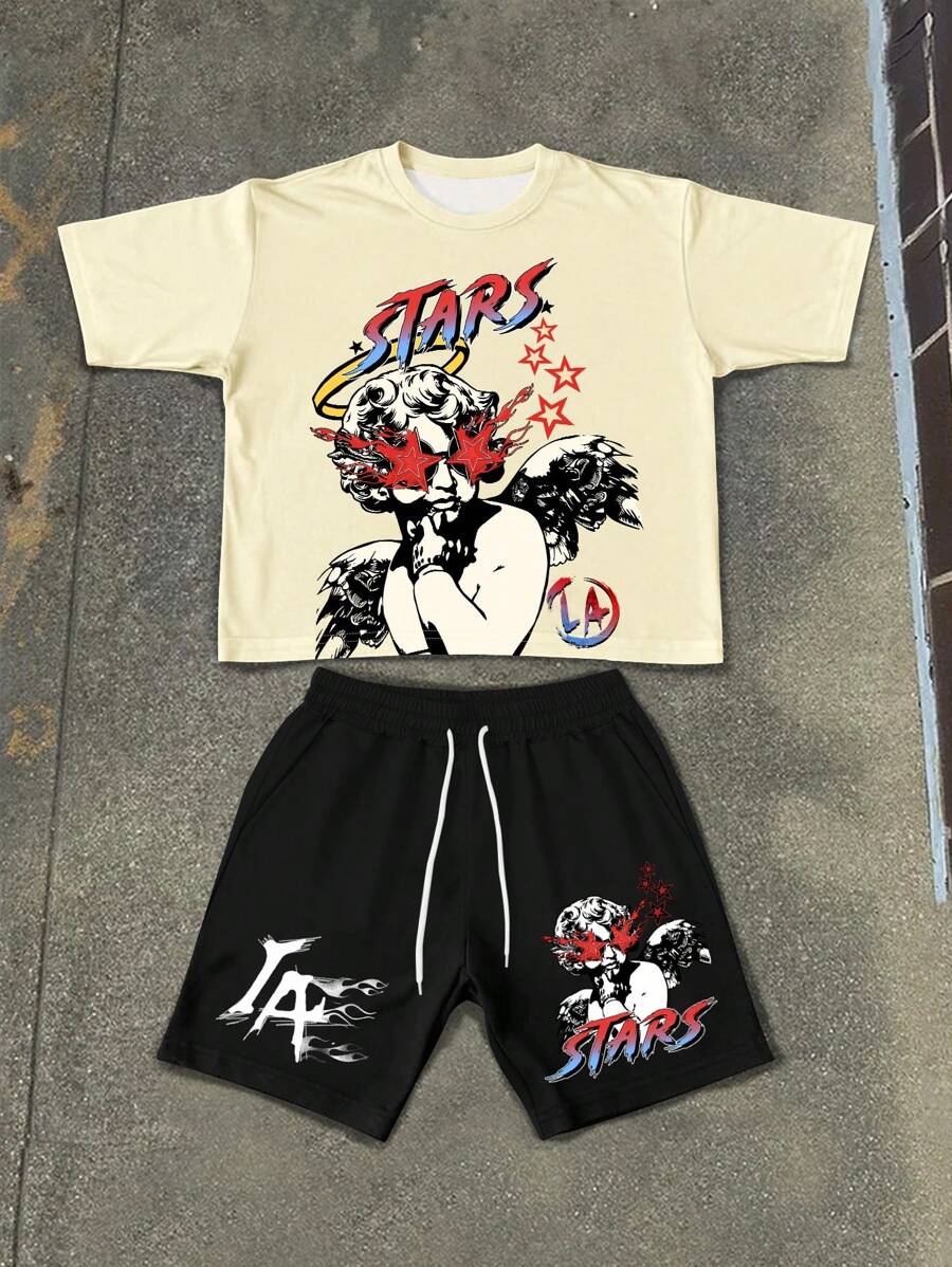 Manfinity EMRG 男士休闲简约短袖 T 恤和短裤套装，日常穿着 - 彩色 - 查看 1