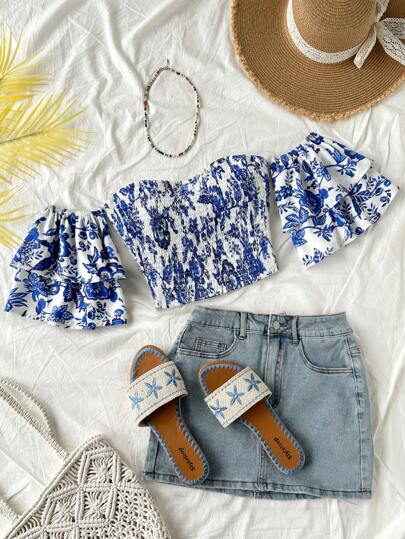 Soleia New Spring/Summer Ruffle Trim Print Bustier Top For Women,Beach For Woman,Backless,Cowgirl,Rave Festival,Old Money