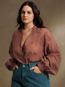 Anewsta 大码女式优雅刺绣长袖立领透明水钻装饰宽松衬衫，适合情人节、暑假、新年 - 咖啡棕 - 查看 4