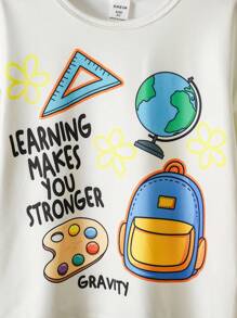 SHEIN مجموعة تي شيرت بأكمام قصيرة وشورت كاجوال بطبعة شعار للأولاد، مناسبة للصيف 2 قطعة/طقم - لون مشمشي - مشاهدة 3