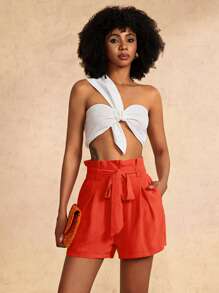 Slaydiva 新款休闲系带侧袋橙色短裤，简约百搭，春夏 - 橘色 - 查看 3