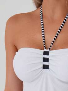 SHEIN Swim Lushore Women's Navy Striped Print Loose Dress & Camisole Tank Top Bikini Set - Black and White - View 3