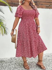 SHEIN Clasi Plus Size Women Ditsy Floral Off Shoulder Square Neck A-Line Ruffle Sleeve Dress - Red and White - View 1