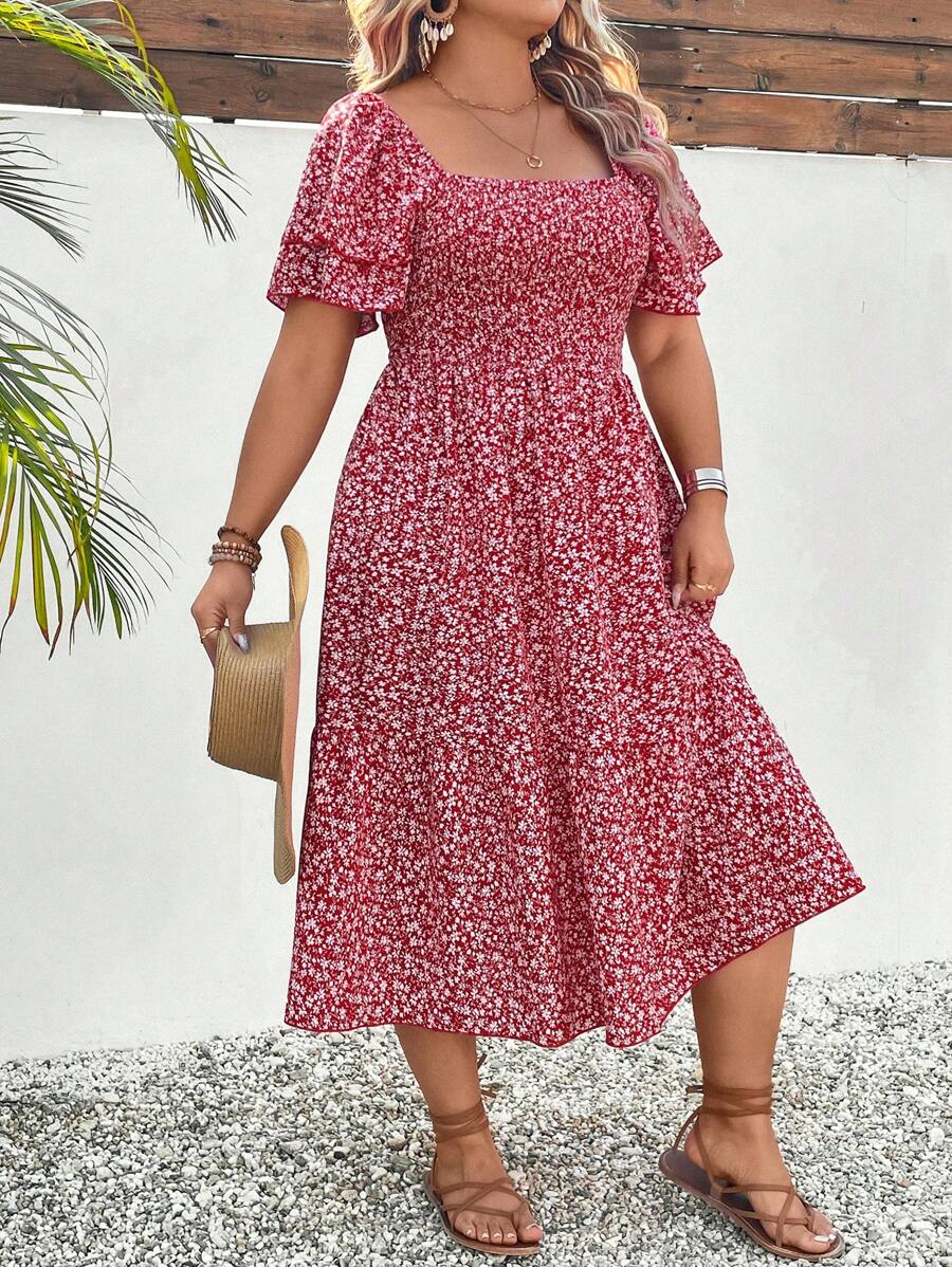 SHEIN Clasi Plus Size Women Ditsy Floral Off Shoulder Square Neck A-Line Ruffle Sleeve Dress - Red and White - View 1
