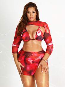 SHEIN Plus Size Women Tie-Dye Print Sexy Bikini Set With Coverup Shirt And Skirt, Holiday Beach Vacation For Summer - Multicolor - View 1
