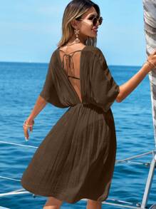 Swim Vcay Beach Vacation Solid Color Batwing Sleeve Coverup Dress For Summer