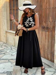 Franclia Plus Size Boho Sleeveless Bustline Waist Fitted Dress, Black Retro Elegant Gangster Wife Style Dress For Commuting And Casual Outings, For Summer