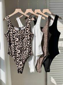 Comfortcana 4pcs Pack Solid & Leopard Print Bodysuit Set, Black & White All-Match Versatile, Spring/Summer - Multicolor - View 2