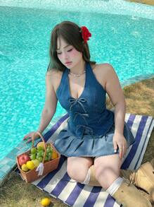 SHEIN MOD Plus Size Denim Blue Top  Sexy Halter Neck Bow Vest Top Summer Denim Tops