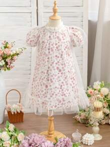 SHEIN Glamorique Kids 年轻女孩短袖网眼覆盖碎花夏装，甜美清晰的花朵图案设计，适合日常通勤和派对穿着，展现女孩的可爱风格 - 杏色 - 查看 7