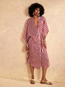 Slaydiva Vacation Casual Loose Long Design Red And White Striped Shirt Women's Dress-M - Red and White - View 3