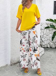 SHEIN Clasi 女士 V 领短袖宽松阔腿裤花卉印花黄色优雅休闲两件套服装 - 彩色 - 查看 3