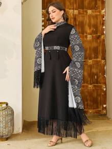 Al Najma Plus Size Stylish Casual Print Patchwork Tassel Cuff Long Sleeve Dress - Black - View 7