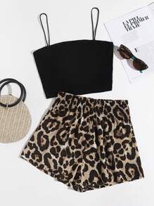 SHEIN VCAY Rib-knit Solid Cami Top & Shirred Waist Leopard Shorts Set - Multicolor - View 2