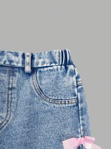 SHEIN ChillGRL 2 件套青少年女孩休闲日常通勤蝴蝶结 T 恤和牛仔裤套装 - 彩色 - 查看 3