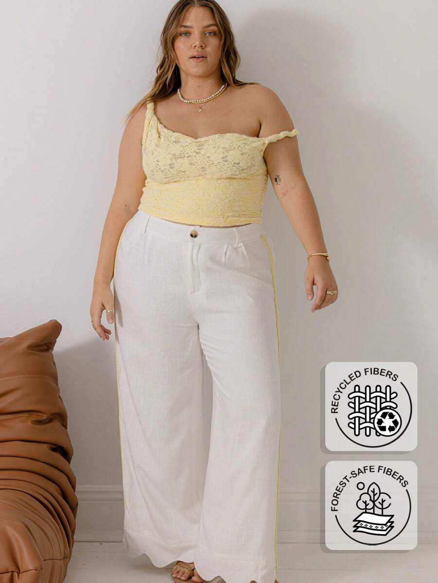 Aralina Curve Flowing Pleats Breathable Linen Wide-Leg Side Stripe Design Relaxation Pants - Beige - View 1