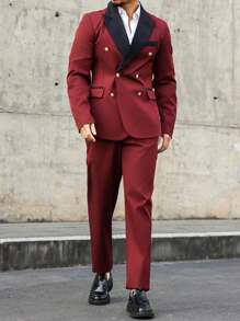 Manfinity Mode Men's Contrast Color Lapel Double Breasted Jacket And Pants Suit Set - Red - View 4