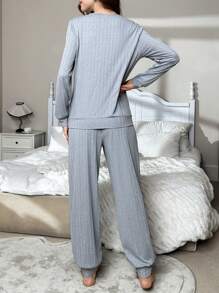 灰色深 V 蕾丝边二合一长袖连体裤 - 灰色 - 查看 2