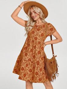 SHEIN LUNE 女士圆领短袖橙色提花浪漫假日迷你连衣裙，春夏 - 橘色 - 查看 5