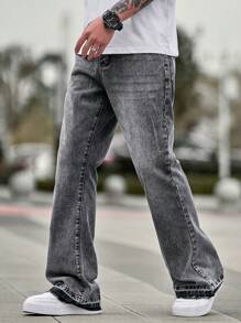 Manfinity Homme Men's Simple Pocket Straight Leg Flare Jeans, Casual Everyday Wear - Grey - View 5