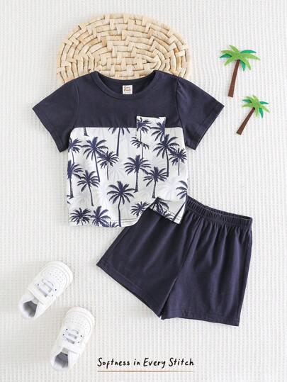 Cozy Pixies Conjunto de ropa de verano de 2 piezas para bebé niño con parte superior de cuello redondo de punto suave con estampado de árbol y shorts de cintura elástica