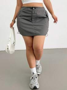 Flirla Plus Size Women Drawstring Waist Short Casual Cargo Skirt